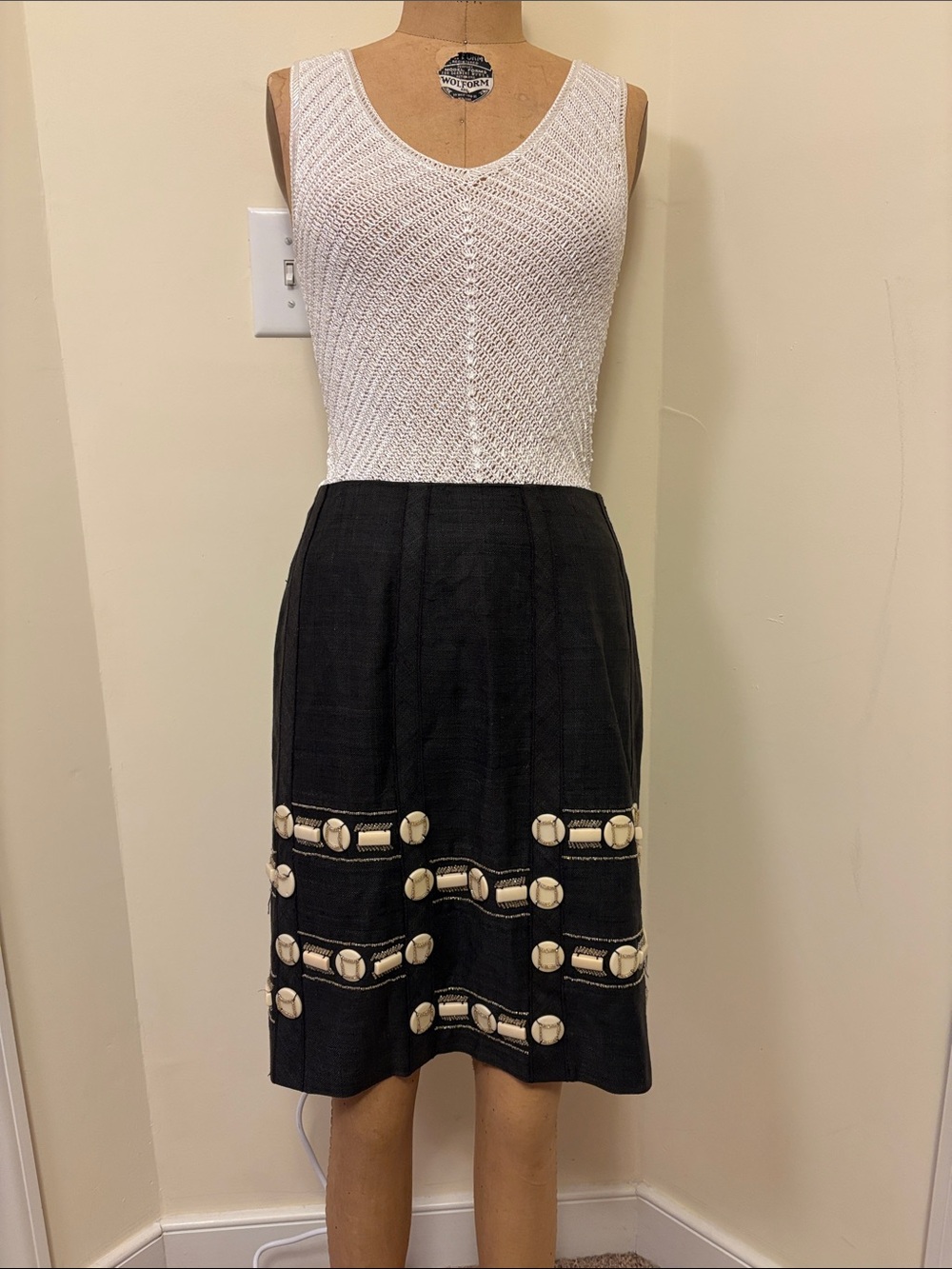 Per Se Black A-Line Skirt with Cream Embellished Beading and Buttons